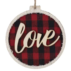 Online Christmas Forever ORN WOODEN DISC 4″ RED/ BLACK “LOVE” BUFFALO PLAID W/ FROSTED BORDER