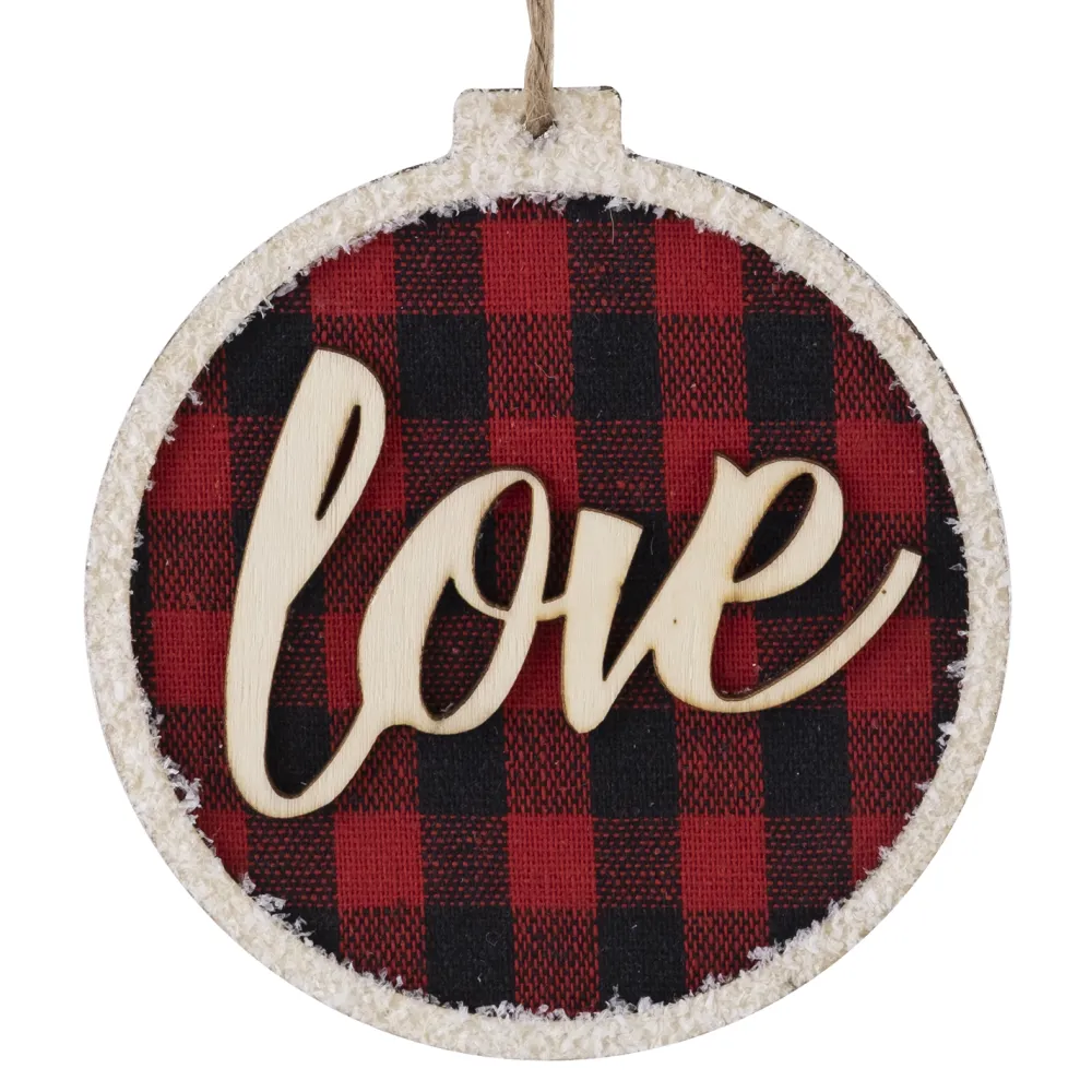 Online Christmas Forever ORN WOODEN DISC 4″ RED/ BLACK “LOVE” BUFFALO PLAID W/ FROSTED BORDER