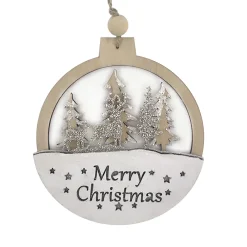 Christmas Forever ORN WOODEN DISC “MERRY CHRISTMAS” 4.5″ NATURAL/WHITE