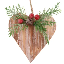 Hot Christmas Forever ORN WOODEN HEART 4″ WHITEWASH W/ CEDAR & BERRIES
