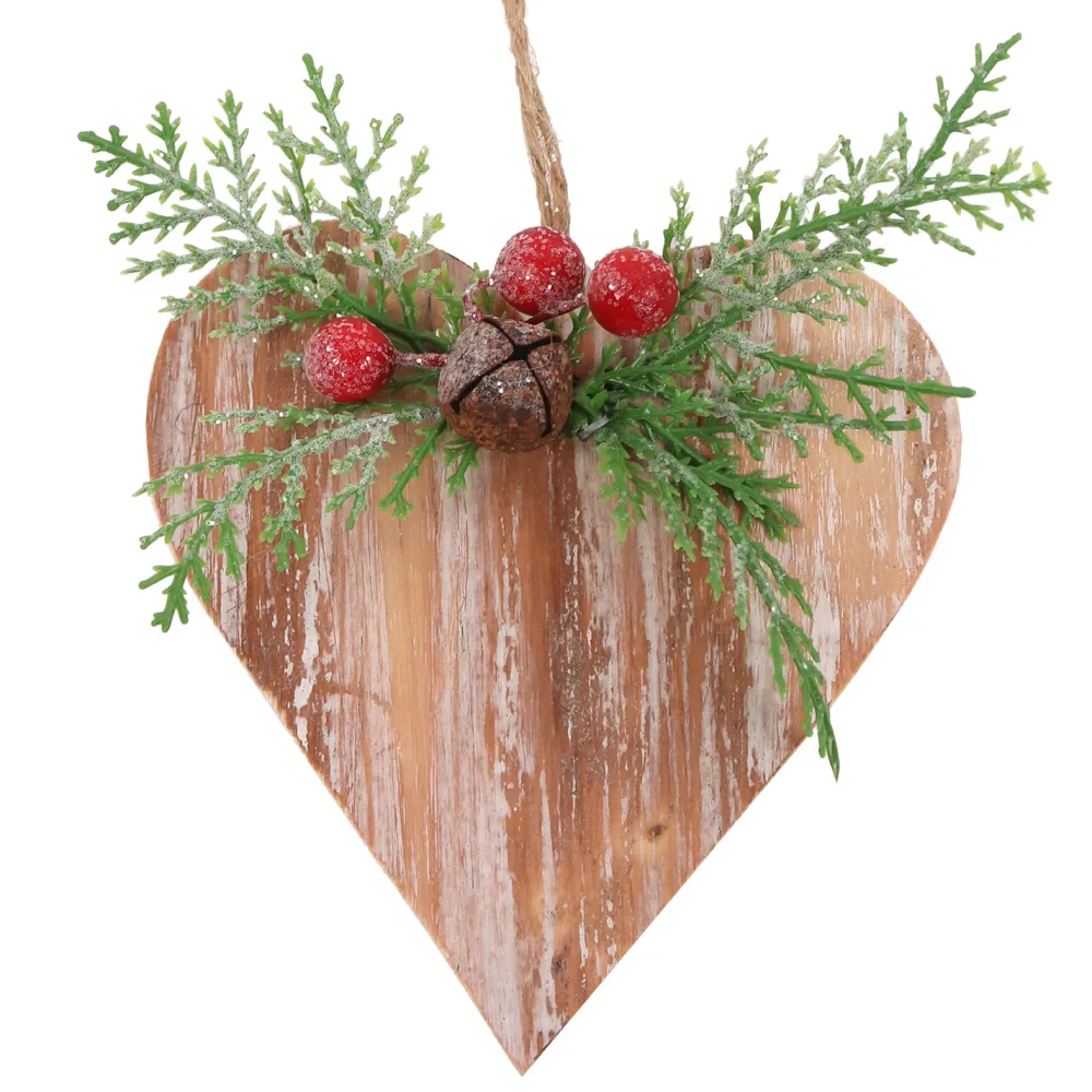 Hot Christmas Forever ORN WOODEN HEART 4″ WHITEWASH W/ CEDAR & BERRIES