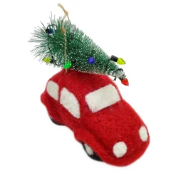 Clearance Christmas Forever ORN WOOL AUTO CAR W/ CHRISTMAS TREE 3″ RED/GREEN