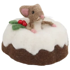 Clearance Christmas Forever ORN WOOL BAKERY MOUSE TABLE DECOR 3.5″ BROWN/WHITE ON A CAKE