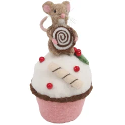 Clearance Christmas Forever ORN WOOL BAKERY MOUSE TABLE DECOR 6.5″ BROWN/WHITE ON A CUP CAKE