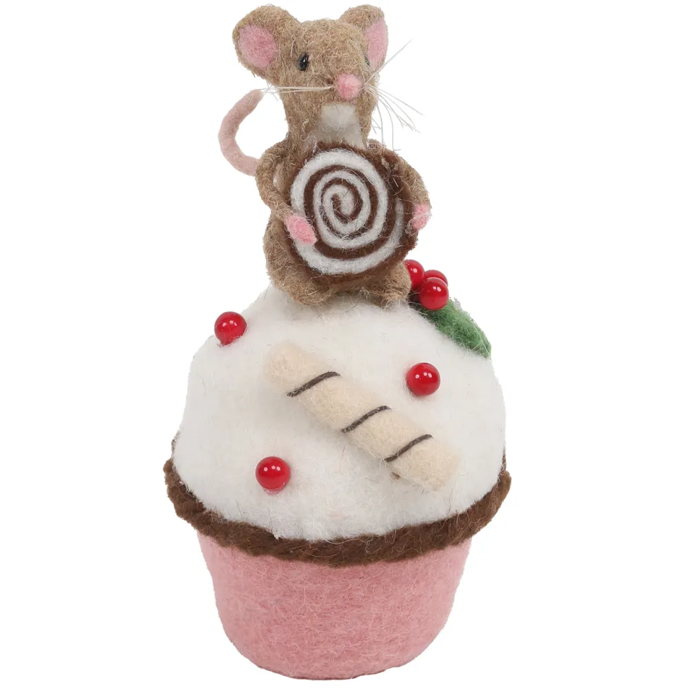 Clearance Christmas Forever ORN WOOL BAKERY MOUSE TABLE DECOR 6.5″ BROWN/WHITE ON A CUP CAKE