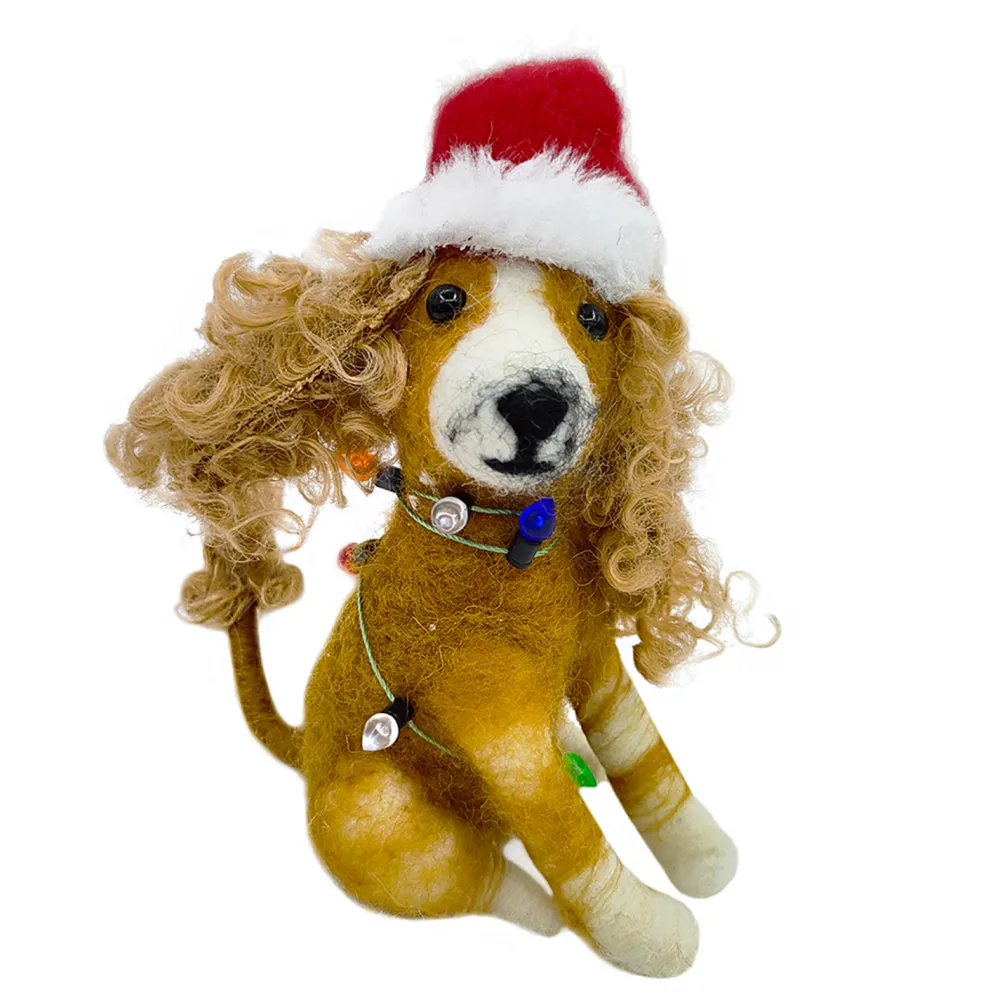 Best Christmas Forever ORN WOOL DOG SITTING W/ LIGHTS & SANTA HAT 4.5″ RED/BROWN