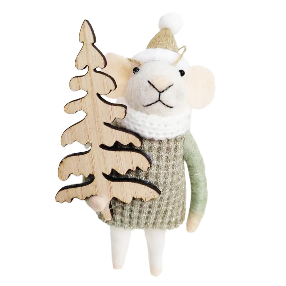 Discount Christmas Forever ORN WOOL MOUSE 6″ GREEN SWEATER WITH WOODEN CHRISTMAS TREE