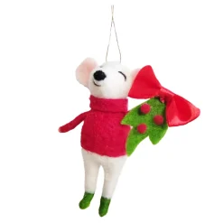 Outlet Christmas Forever ORN WOOL MOUSE 5″ W/ RED BOW