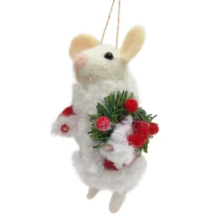 Clearance Christmas Forever ORN WOOL MOUSE HOLDING A WREATH 4.5″ RED/WHITE