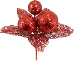 Best Christmas Forever PICK BALLS 8.5″ W/LEAVES RED GLITTER