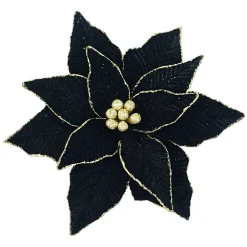 Best Christmas Forever POINSETTIA HEAD BLACK 11.5″ VELVET W/ GOLD GLITTER EDGE & CLIP