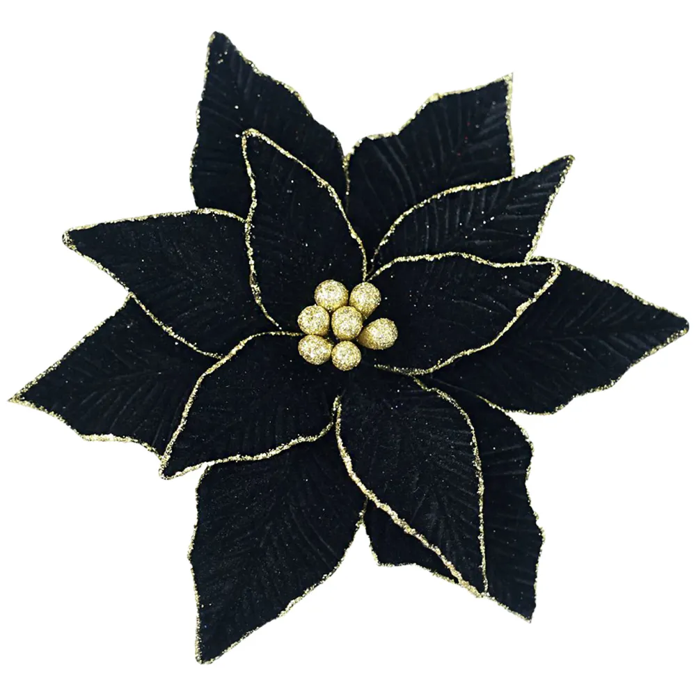 Best Christmas Forever POINSETTIA HEAD BLACK 11.5″ VELVET W/ GOLD GLITTER EDGE & CLIP
