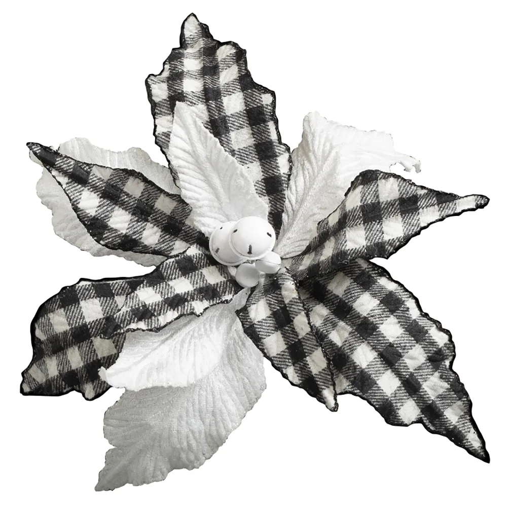 Outlet Christmas Forever POINSETTIA HEAD BLACK / WHITE 13″ W/BERRY IN MIDDLE & CLIP