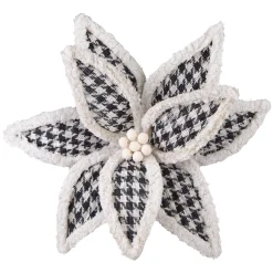 Clearance Christmas Forever POINSETTIA HEAD BLACK / WHITE 12″ HOUNDSTOOTH PLAID W/ FLOCKED SHIMMER EDGES