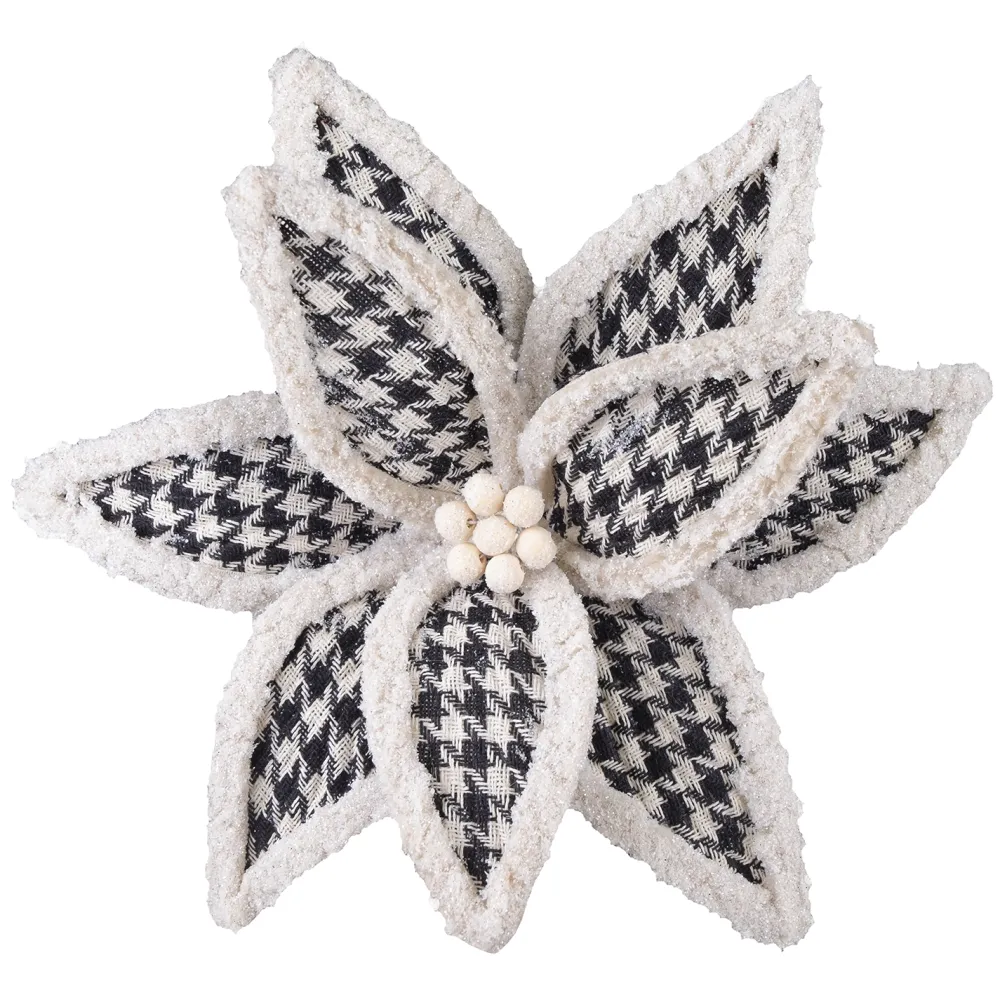 Clearance Christmas Forever POINSETTIA HEAD BLACK / WHITE 12″ HOUNDSTOOTH PLAID W/ FLOCKED SHIMMER EDGES