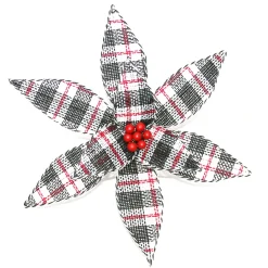 Best Christmas Forever POINSETTIA HEAD BLACK / WHITE / RED 12.5″ PLAID W/BELLS W/CLIP