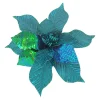 Clearance Christmas Forever POINSETTIA HEAD BLUE / PEACOCK 9″ VELVET E W/ SEQUINS, GLITTER &CLIP