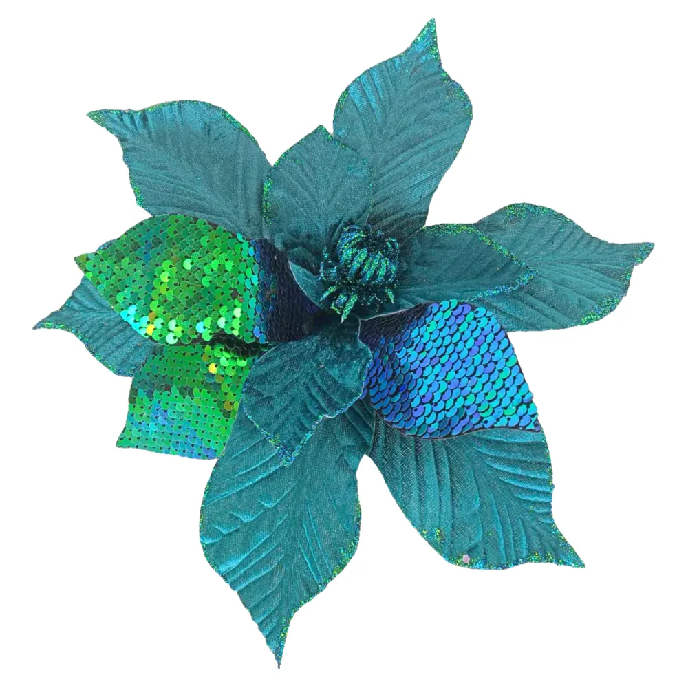 Clearance Christmas Forever POINSETTIA HEAD BLUE / PEACOCK 9″ VELVET E W/ SEQUINS, GLITTER &CLIP
