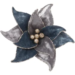 Online Christmas Forever POINSETTIA HEAD BLUE /GRAY 7.5″ VELVET W/GLTR EDGE WITH CLIP