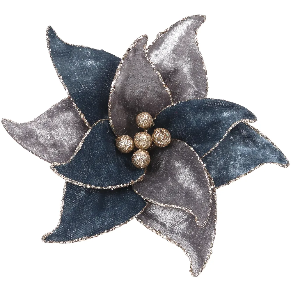 Online Christmas Forever POINSETTIA HEAD BLUE /GRAY 7.5″ VELVET W/GLTR EDGE WITH CLIP