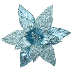 Outlet Christmas Forever POINSETTIA HEAD BLUE ICE 12″ LEATHER METALLIC W/ CLIP