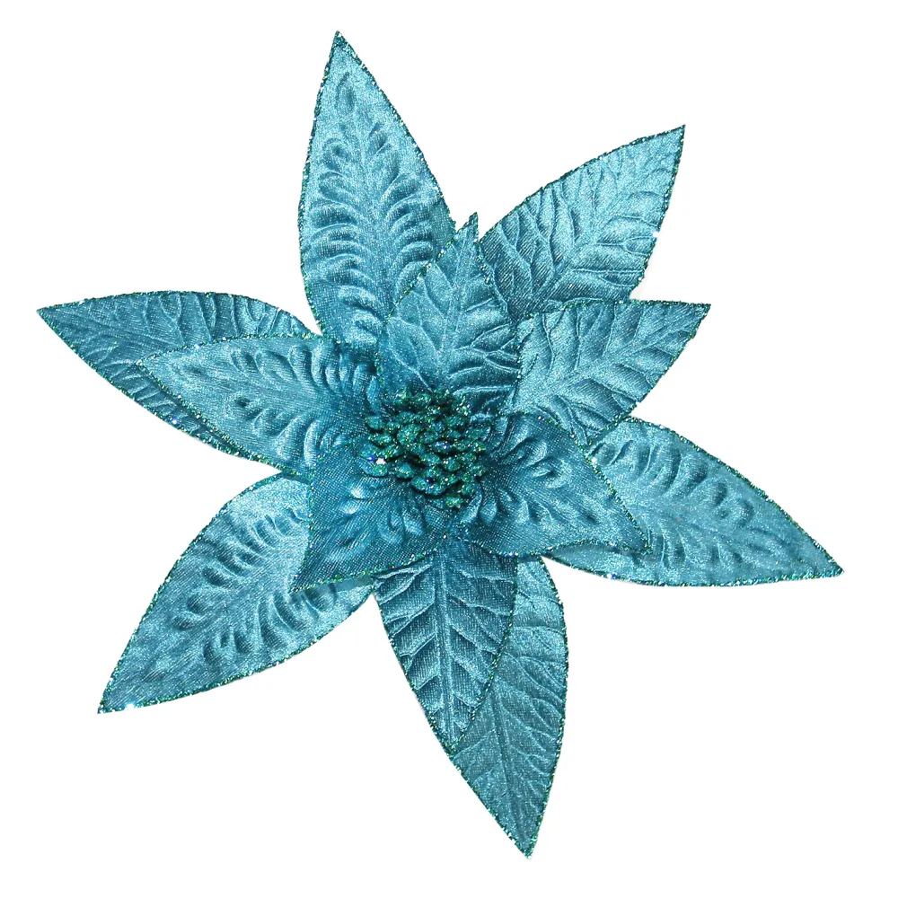 Discount Christmas Forever POINSETTIA HEAD BLUE PEACOCK 11.5″ W/ GLTR. & CLIP