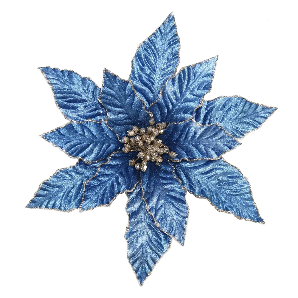 Outlet Christmas Forever POINSETTIA HEAD BLUE STEEL 12″ VELVET W/ CHAMP. GLTR & CLIP
