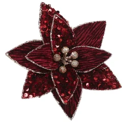 Sale Christmas Forever POINSETTIA HEAD BURGUNDY 7.5″ VELVET W/ SEQUIN & CLIP