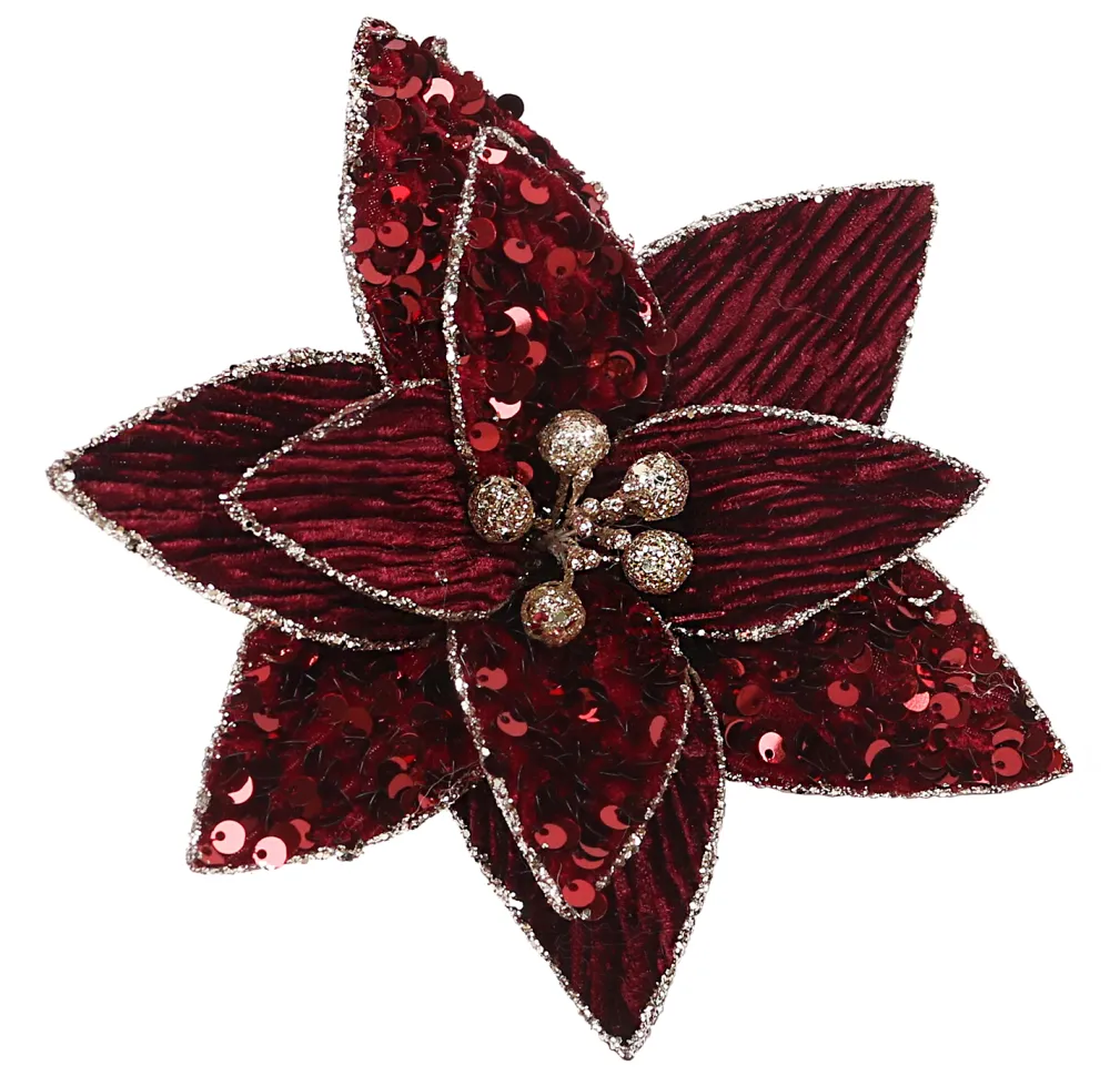 Sale Christmas Forever POINSETTIA HEAD BURGUNDY 7.5″ VELVET W/ SEQUIN & CLIP