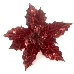 Outlet Christmas Forever POINSETTIA HEAD BURGUNDY 5″ VELVET W/SEQUIN & CLIP