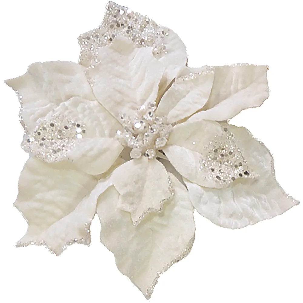 Clearance Christmas Forever POINSETTIA HEAD CREAM 10″ CARDED W/ GLITTER & CLIP