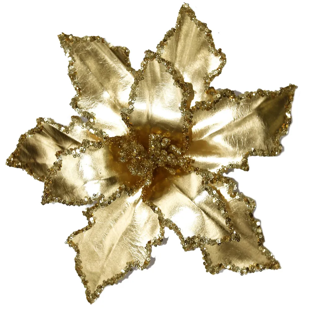 Best Christmas Forever POINSETTIA HEAD GOLD 12″ METALIC W/GLITTER W/CLIP