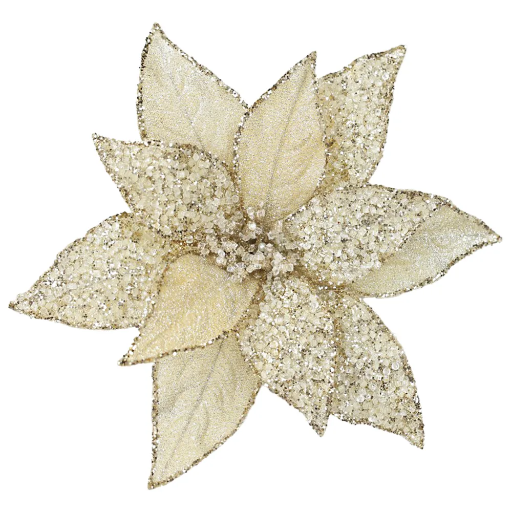 Best Christmas Forever POINSETTIA HEAD GOLD 11.5″ METALLIC ICED W/ CLIP