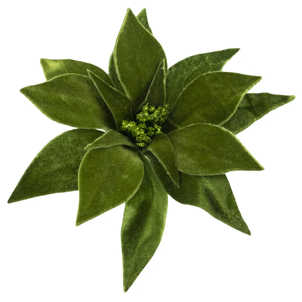 Outlet Christmas Forever POINSETTIA HEAD GREEN 9″ VELVET W/ CLIP