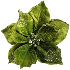 Best Christmas Forever POINSETTIA HEAD GREEN CHARTREUSE 9″ GLITTER CARDED W/ CLIP