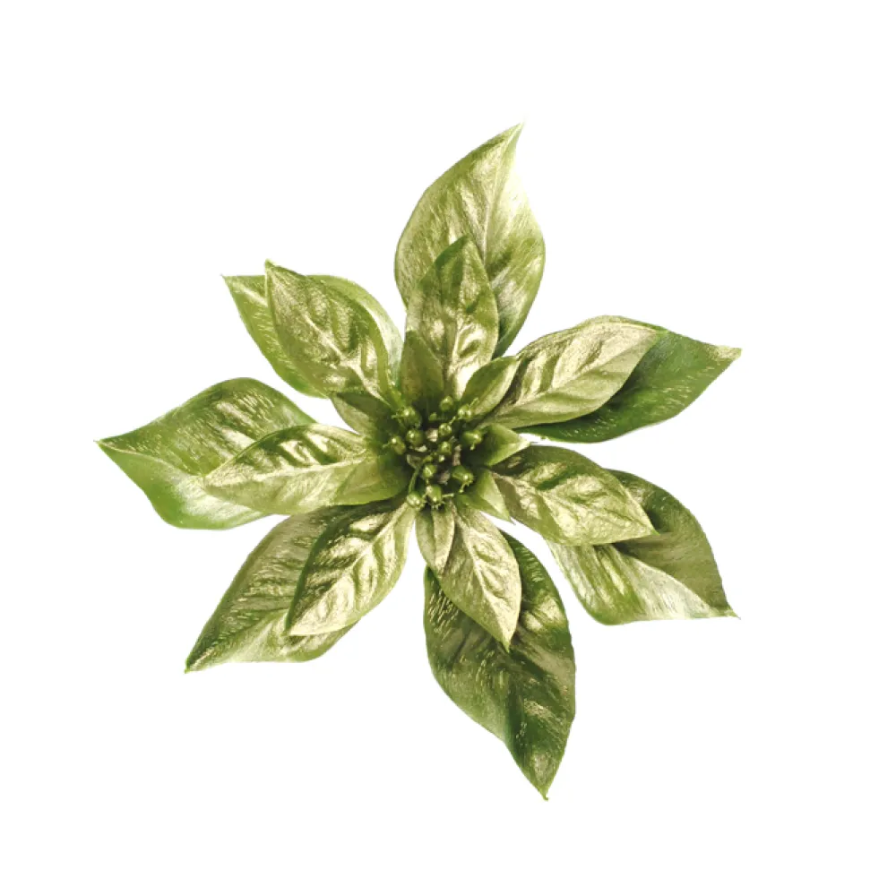 Best Christmas Forever POINSETTIA HEAD GREEN/ GOLD 9″ METALLIC W/GLITTER W/CLIP