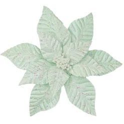 Best Christmas Forever POINSETTIA HEAD GREEN MINT 12″ VELVET W/ GLITTER & CLIP