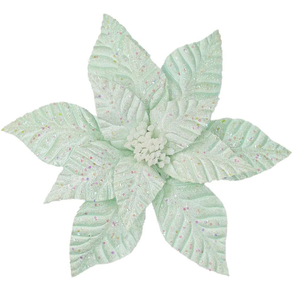 Best Christmas Forever POINSETTIA HEAD GREEN MINT 12″ VELVET W/ GLITTER & CLIP