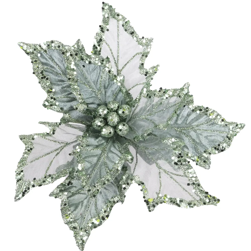 Sale Christmas Forever POINSETTIA HEAD GREEN SLATE 10″W/ GLITTER & CLIP