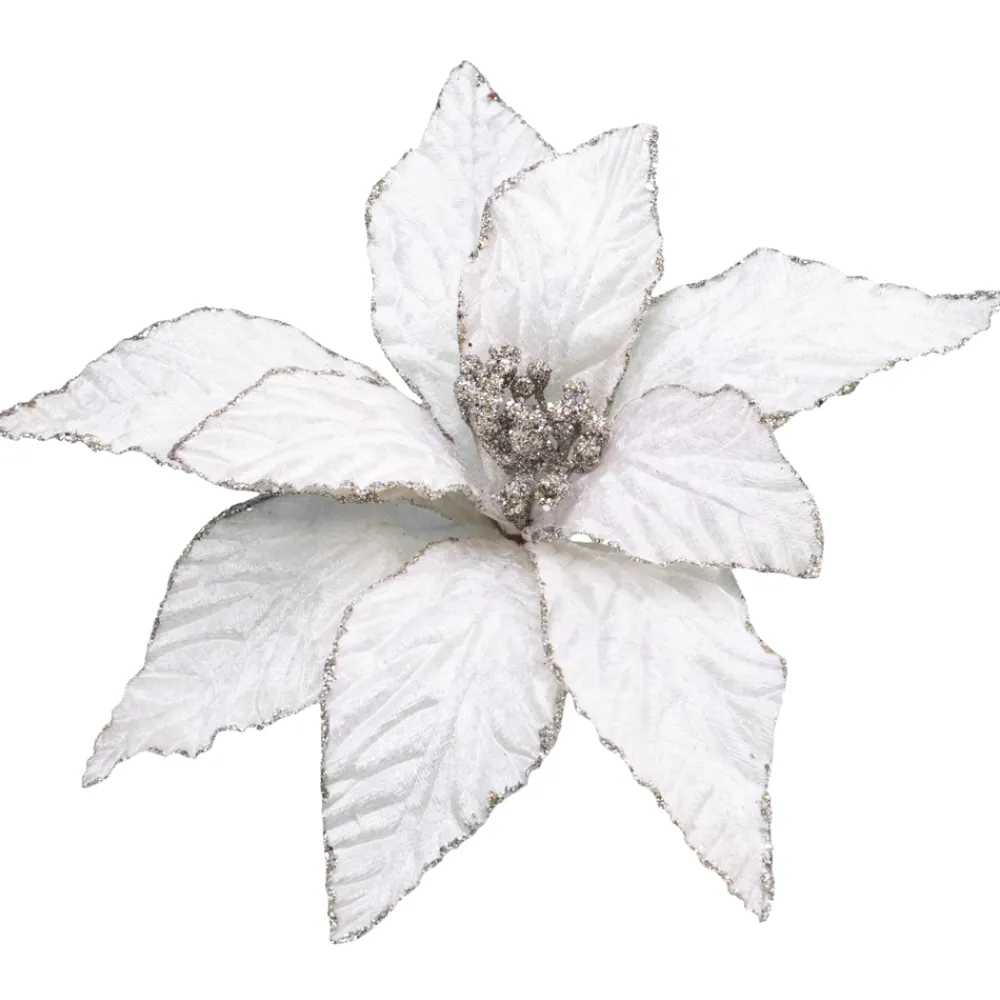 Hot Christmas Forever POINSETTIA HEAD IVORY / BEIGE 10″ VELVET W/GLITTER EDGE & CLIP