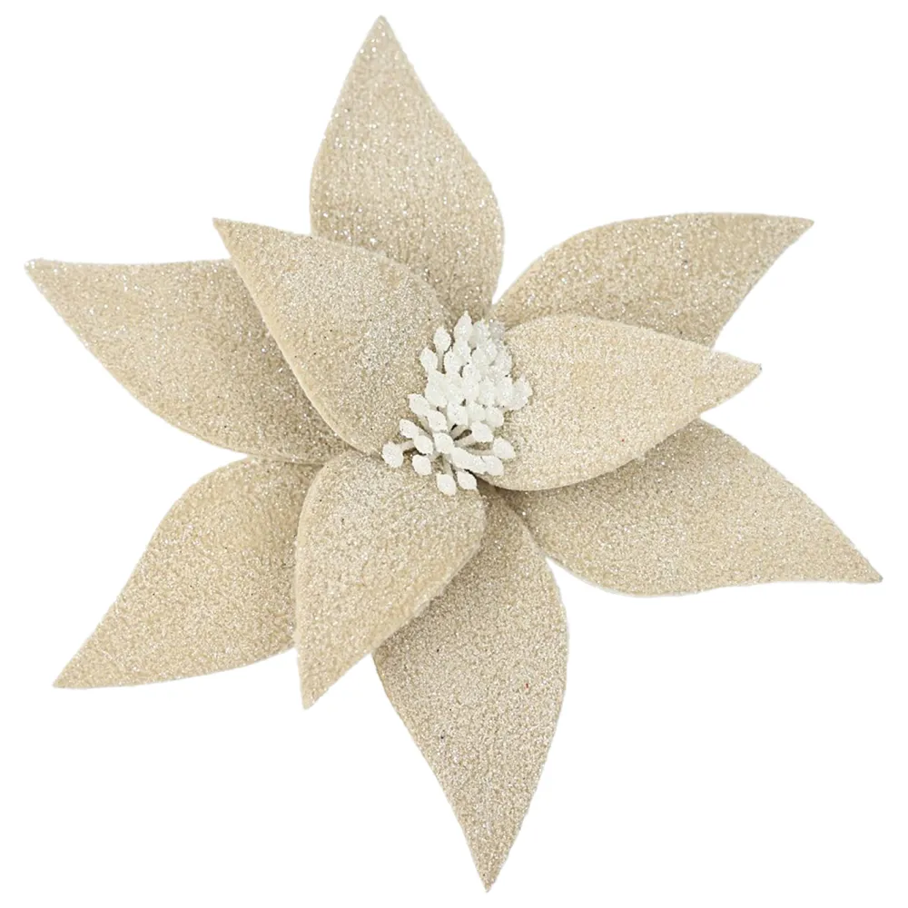 Sale Christmas Forever POINSETTIA HEAD NATURAL 11.5″ FROSTED WOOL W/ CLIP