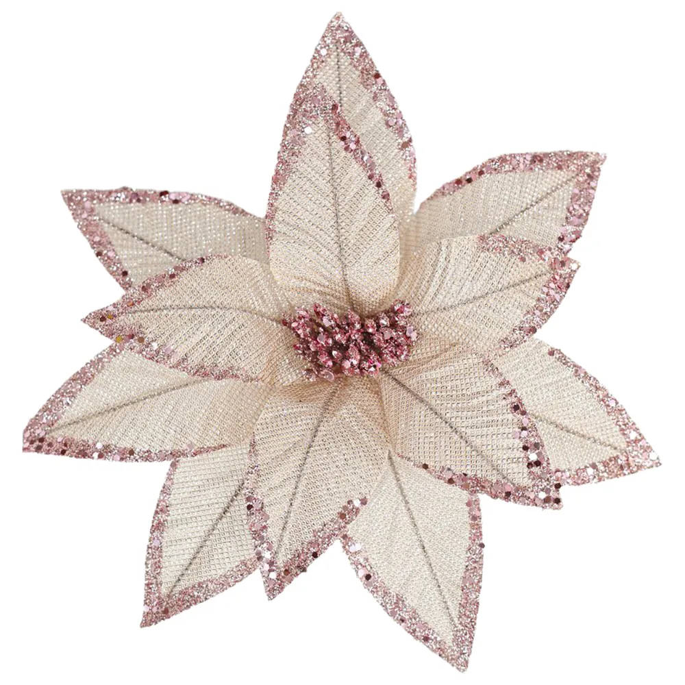 Hot Christmas Forever POINSETTIA HEAD PINK 12″ METALLIC/ GLITTER W/ CLIP