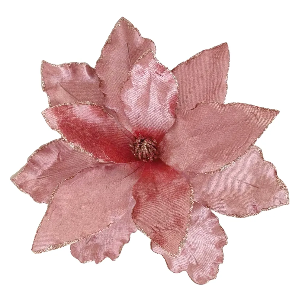 Outlet Christmas Forever POINSETTIA HEAD PINK ROSE 10.5″ VELVET W/ GLITTER EDGE & CLIP
