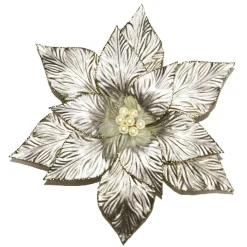 Clearance Christmas Forever POINSETTIA HEAD PLATINUM 12″ W/ WHITE POLLEN W/ CLIP