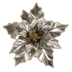 Clearance Christmas Forever POINSETTIA HEAD PLATINUM 12″ METALLIC W/ GOLD GLITTER & CLIP