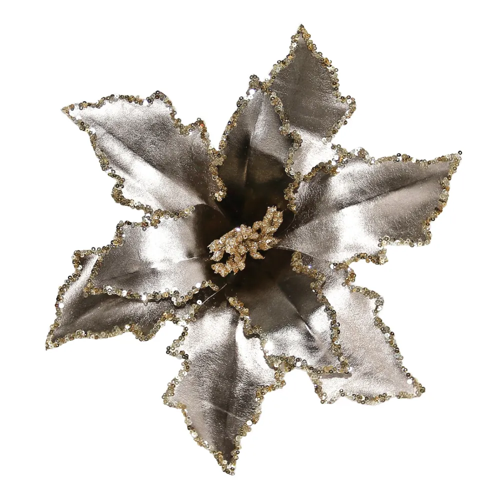 Christmas Forever POINSETTIA HEAD PLATINUM 12″ METALLIC W/GOLD SEQUIN & CLIP