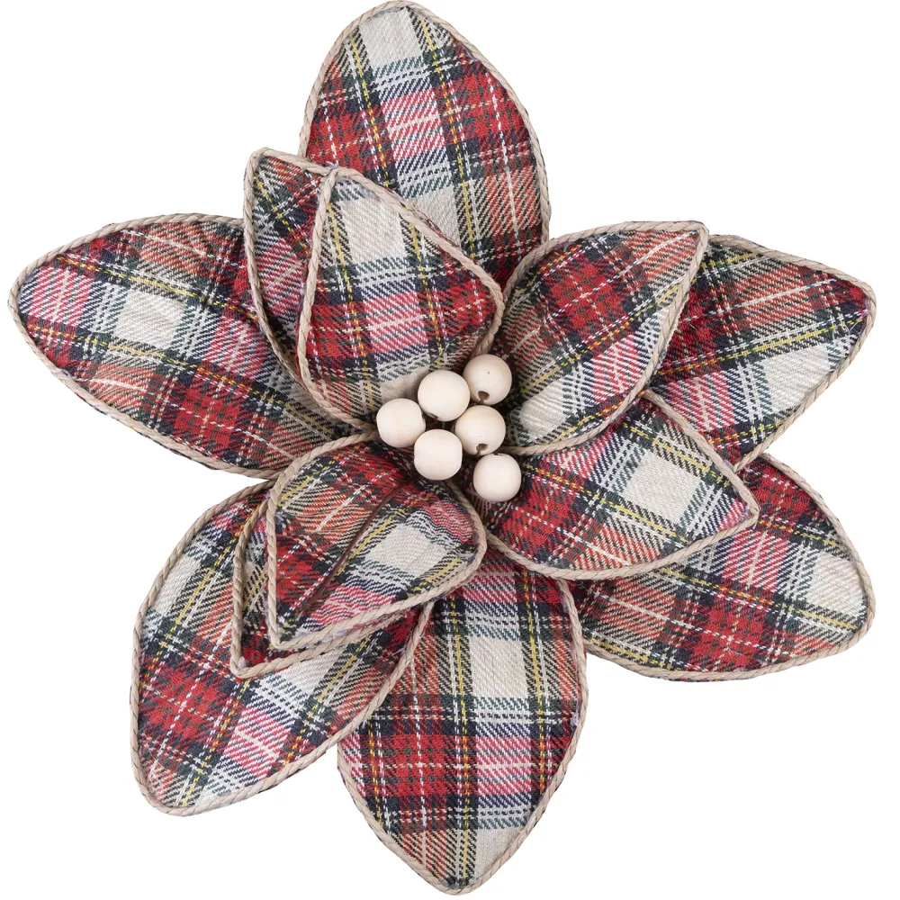 Outlet Christmas Forever POINSETTIA HEAD RED / GRN/ BEIGE 11″ PLAID W/ WOODEN BEADS & CLIP