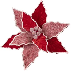 Outlet Christmas Forever POINSETTIA HEAD RED 11″ VELVET W/ FROSTED PETALS & CLIP