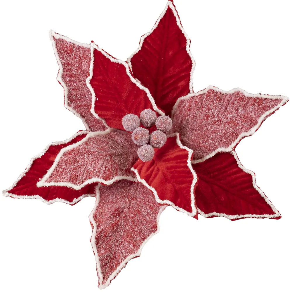 Outlet Christmas Forever POINSETTIA HEAD RED 11″ VELVET W/ FROSTED PETALS & CLIP