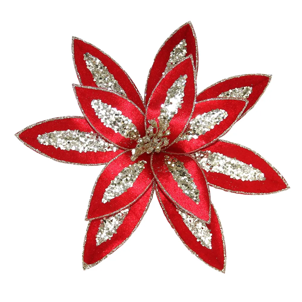 Hot Christmas Forever POINSETTIA HEAD RED 13″ VELVET W/ CHAMPAGNE GLTR & CLIP